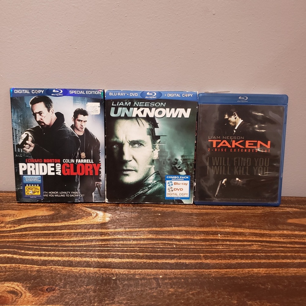 Pride and Glory Unknown Taken Blu-ray Movie Lot Liam Neeson Action 3-Pack Good